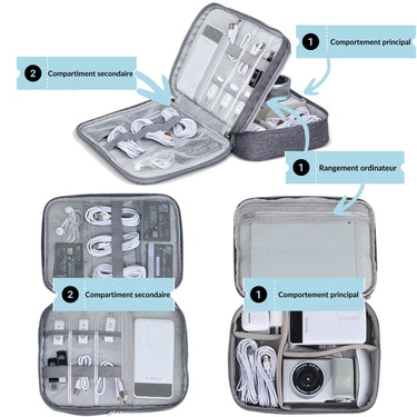 Détail de l'intérieur d'une Trousse de Rangement Multifonction à 2 Compartiments. Illustration montrant le compartiment principal et le compartiment secondaire pour organiser cùbles, accessoires électroniques, et appareils comme une caméra ou un disque dur. Idéal pour une utilisation pratique et organisée.